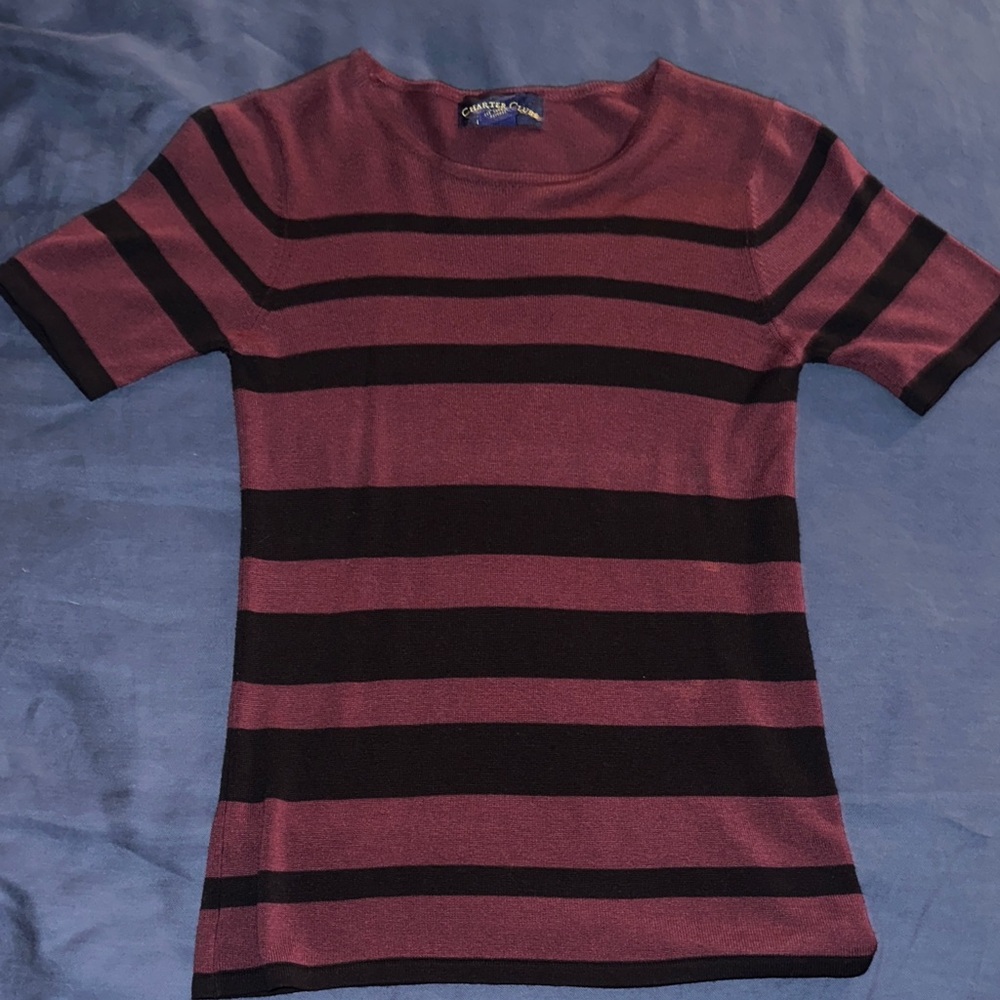 Charter Club Burgundy and Black Striped Light Sweater Top